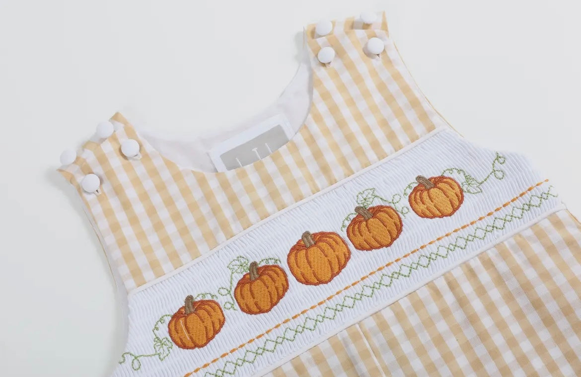 Lil Cactus Light Brown Gingham Checked Pumpkin Smocked Overalls