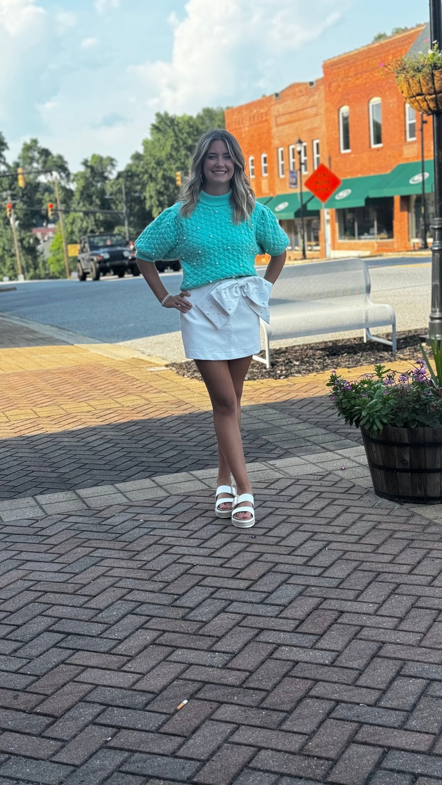 Let’s Go Out Mint Short Sleeve Sweater with Pearl Detail