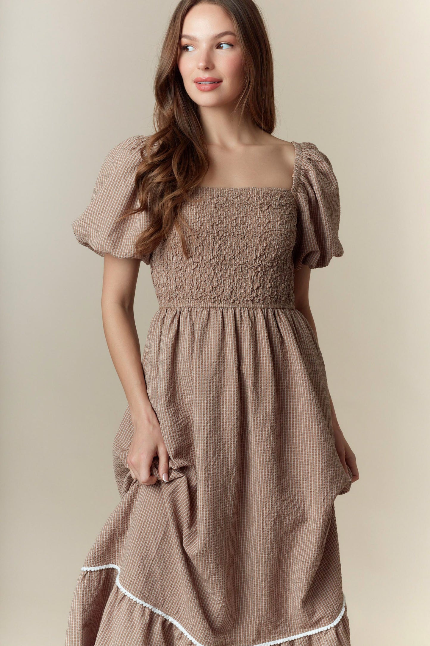 The Morris Taupe Smocked Dress
