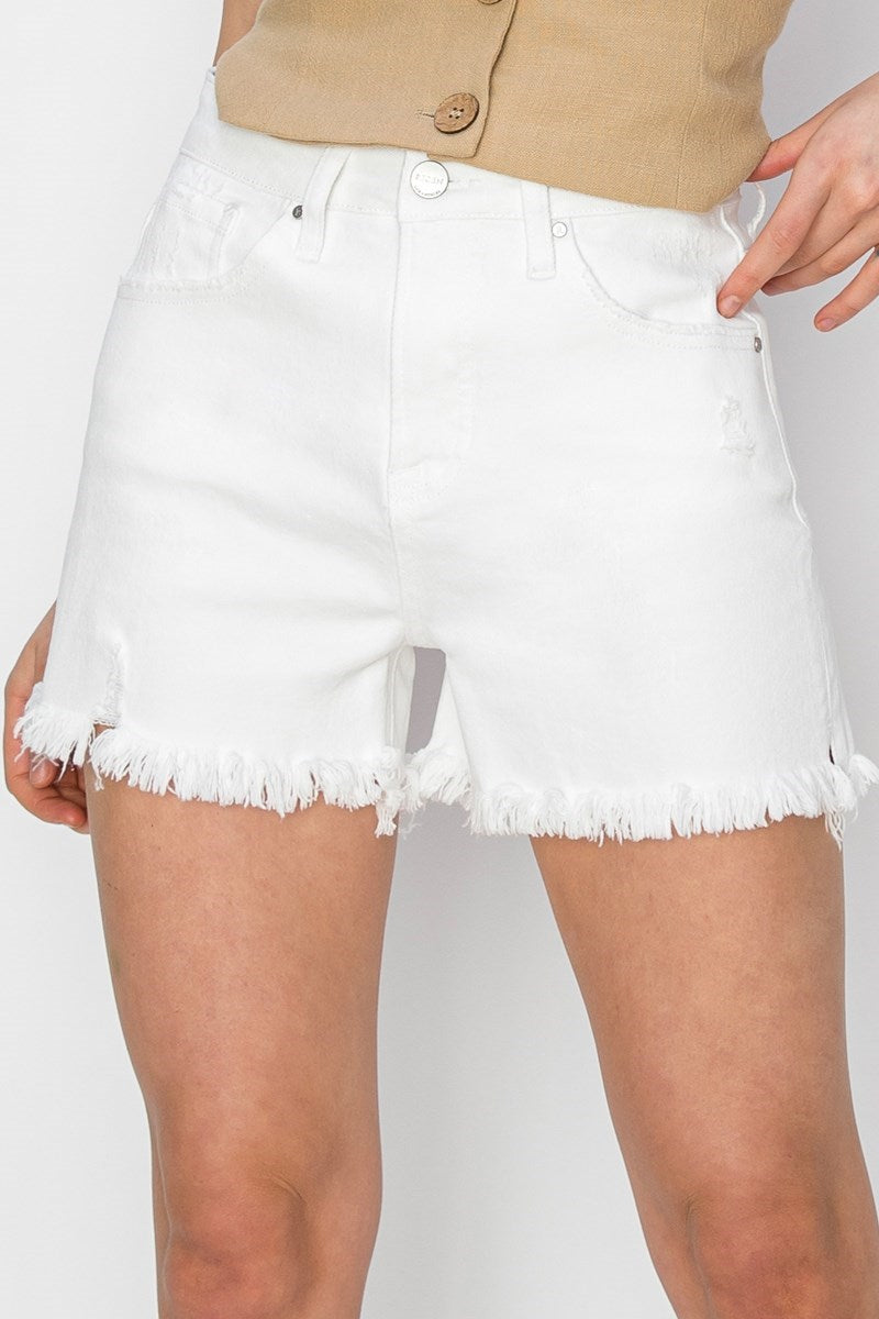 Risen White Tummy Control High Rise Side Slit Denim Shorts