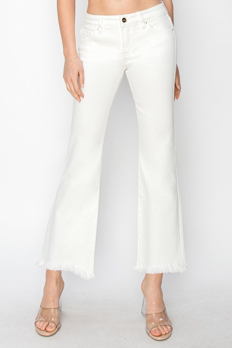 Risen White Low Rise Crop Flare Step Frayed Hem Jeans - Tummy Control