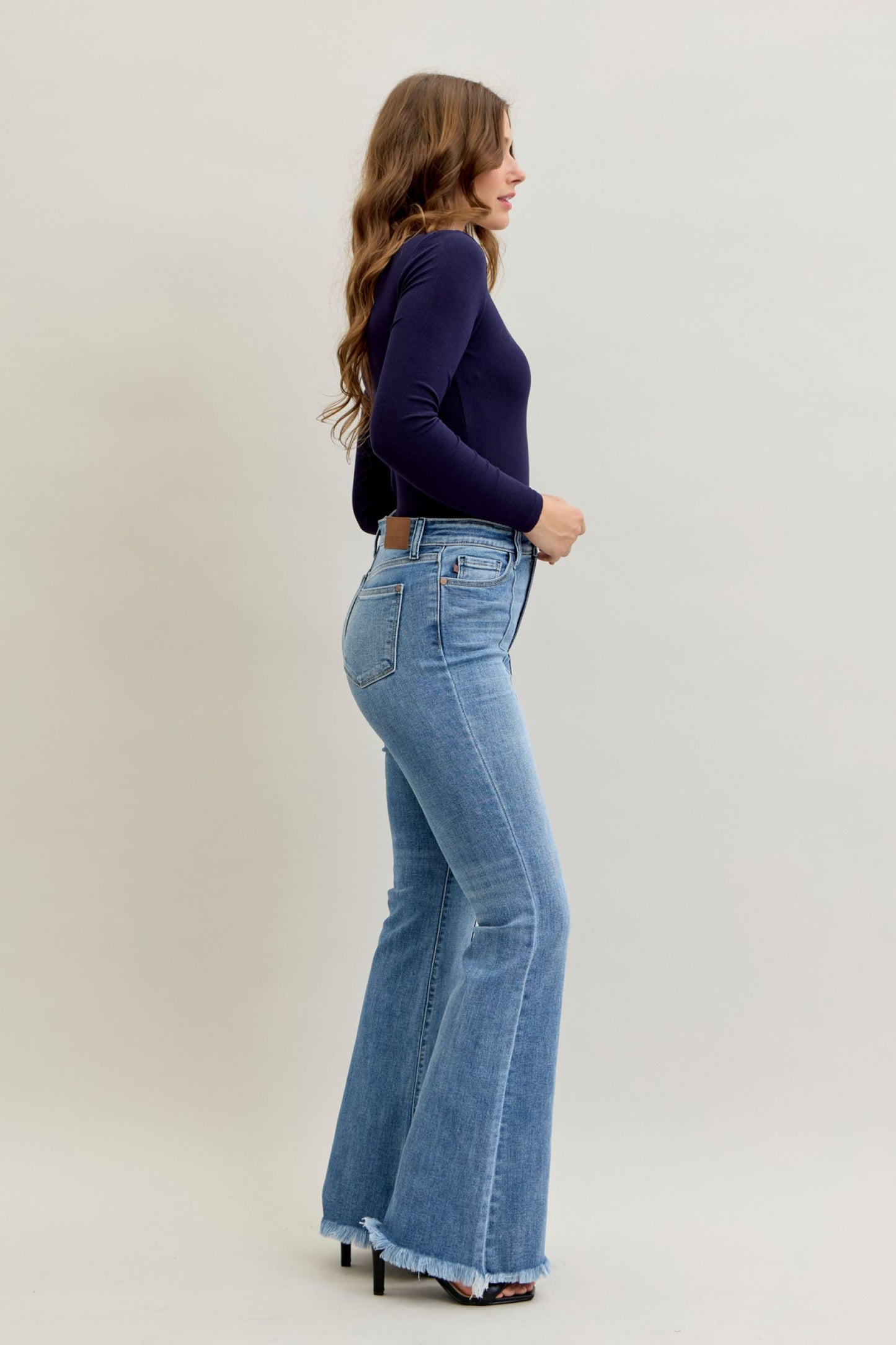 Judy Blue High Waist Flare Front Pintuck Detail & Fray Hem