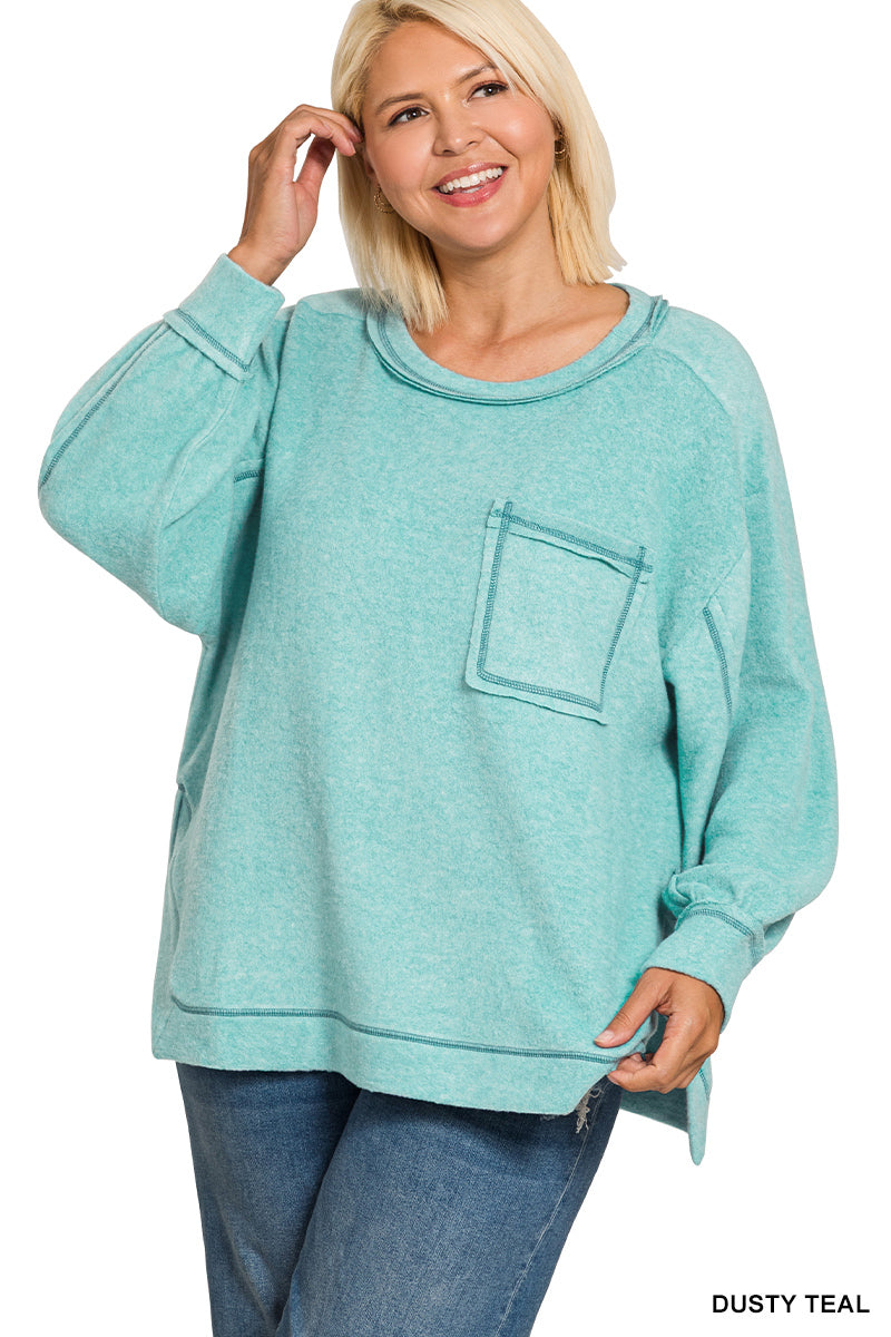 Zenana Hi-Low Brushed Hacci Round Neck Sweater