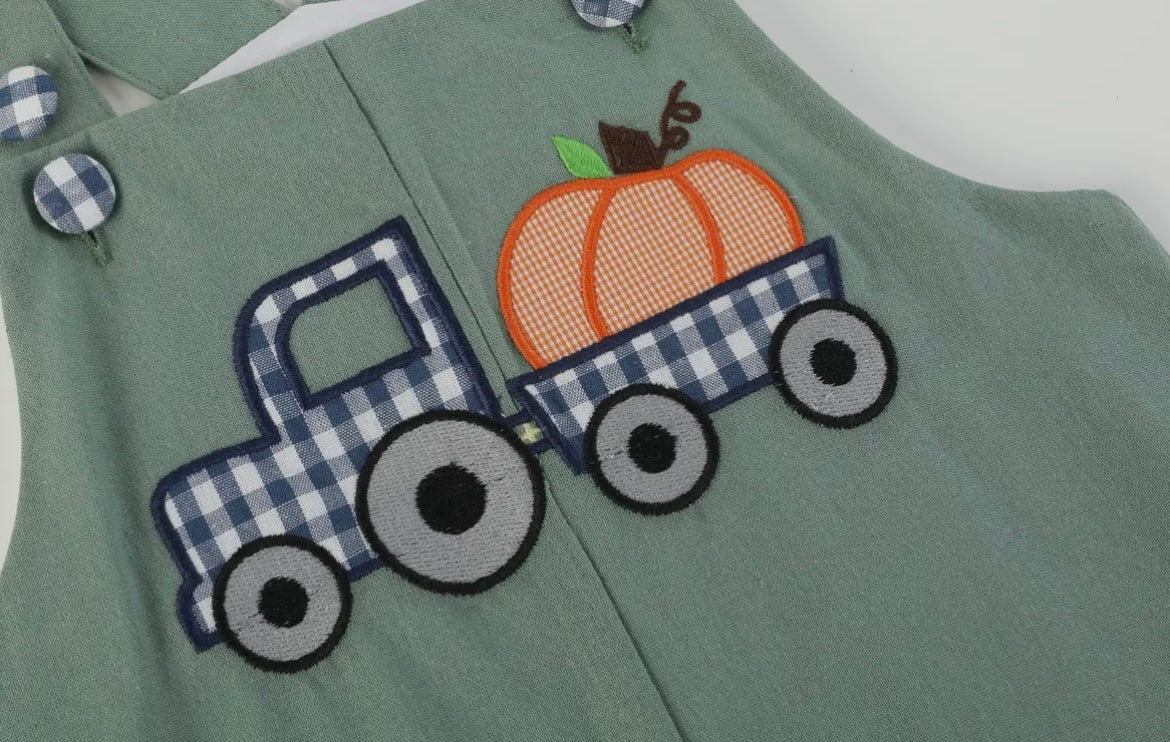 Lil Cactus Green Truck Appliquéd Overalls