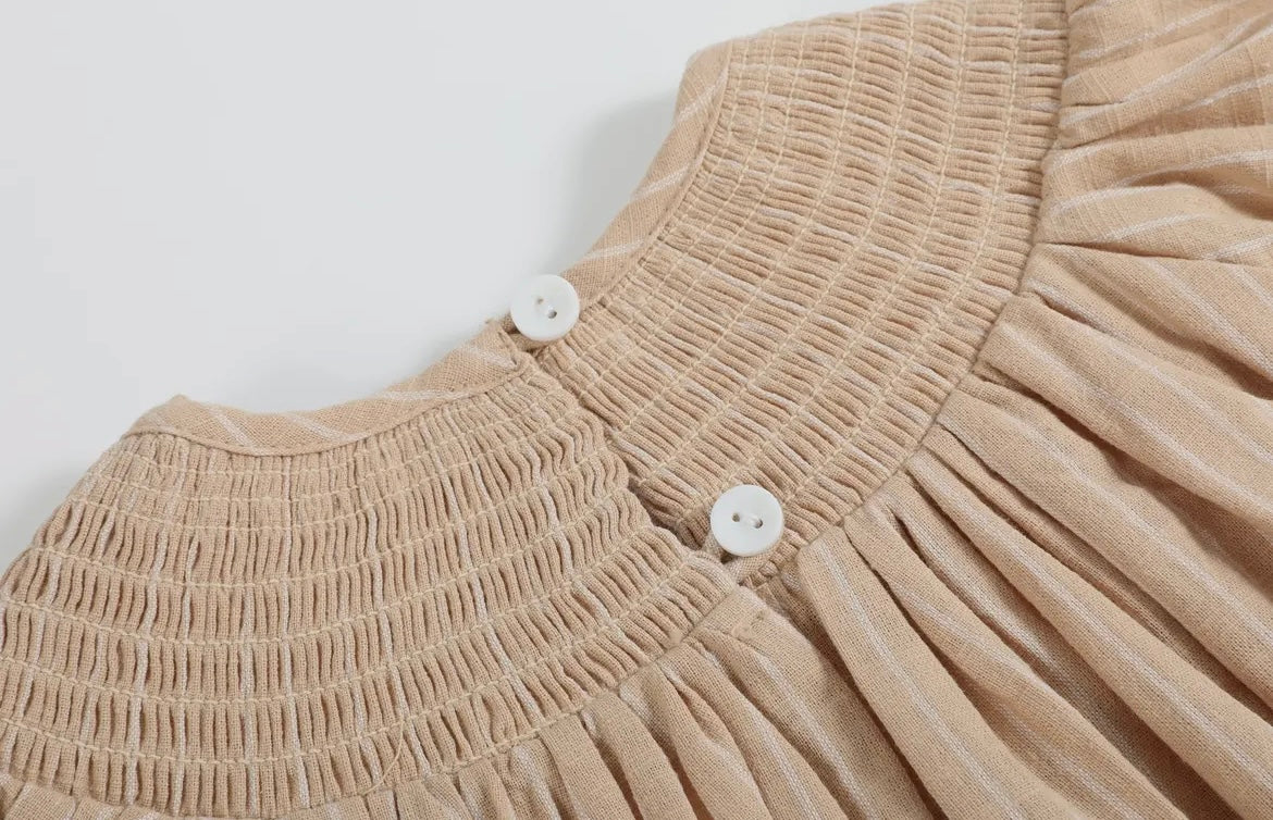 Lil Cactus Light Brown Pinstripe Smocked Pumpkin Bishop Dress