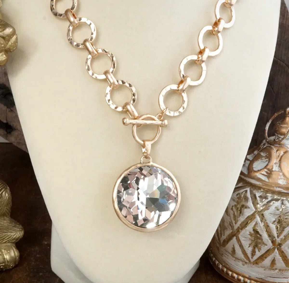 Gilded Radiance - Chunky Ring Chain Necklace with Clear Sparkly Crystal