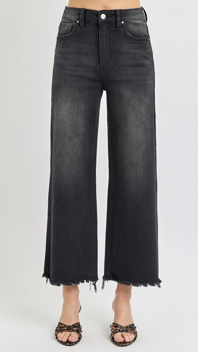 Risen Black High Waisted Frayed Ankle Wide Leg Cropped Jeans