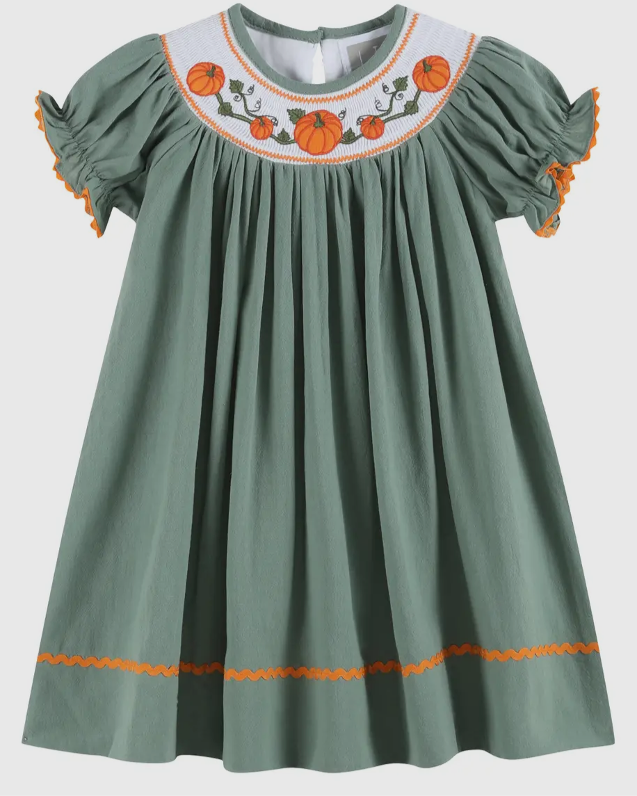 Lil Cactus Sage Green Smocked Pumpkin Bishop Dress