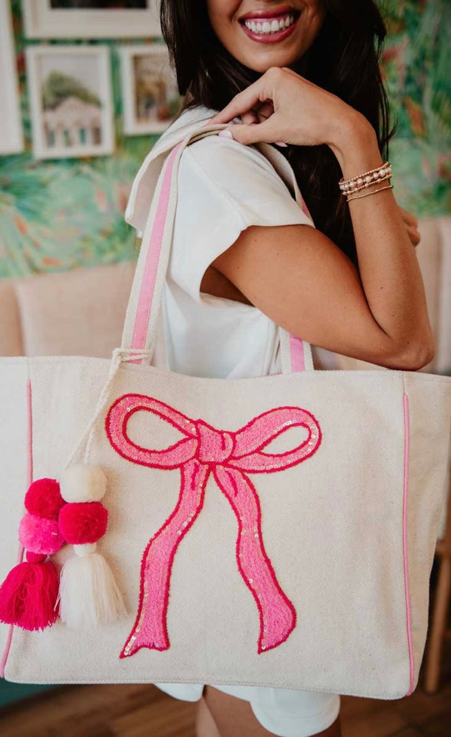Pink Sequin Coquette Bow Canvas Tote Bag