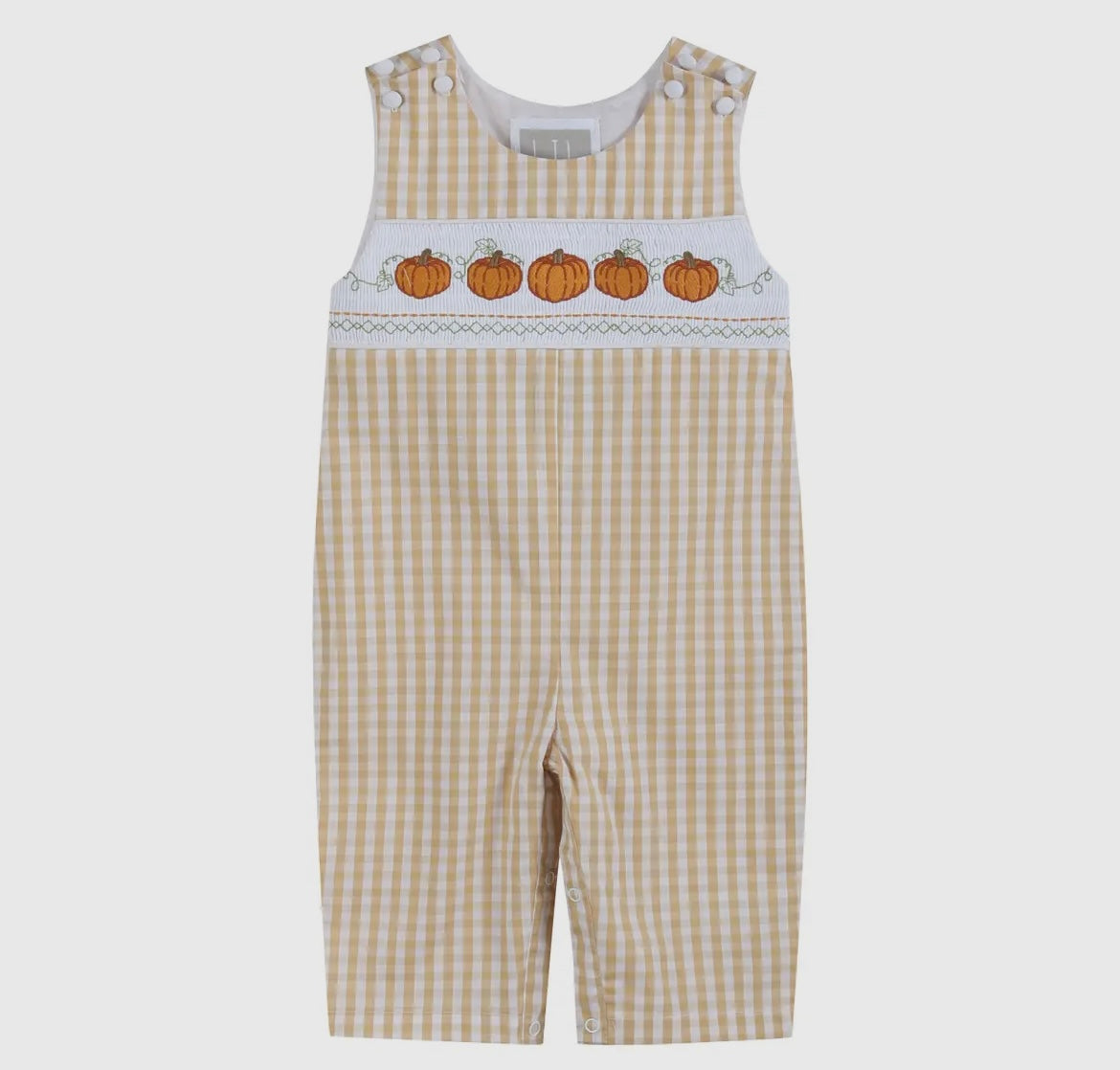 Lil Cactus Light Brown Gingham Checked Pumpkin Smocked Overalls