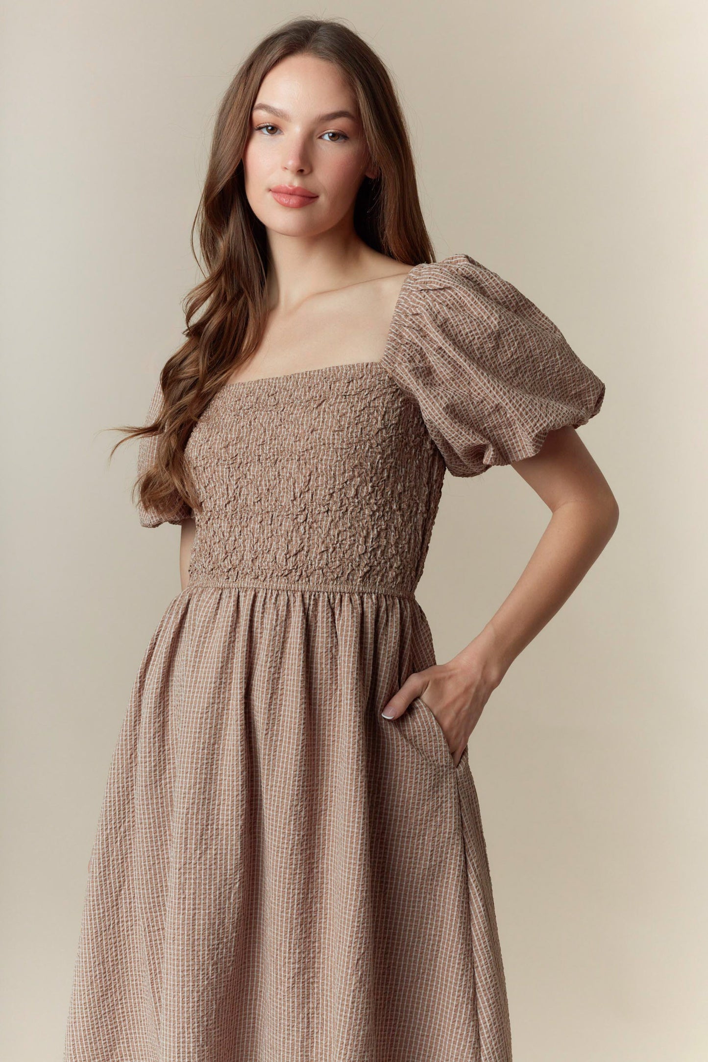 The Morris Taupe Smocked Dress