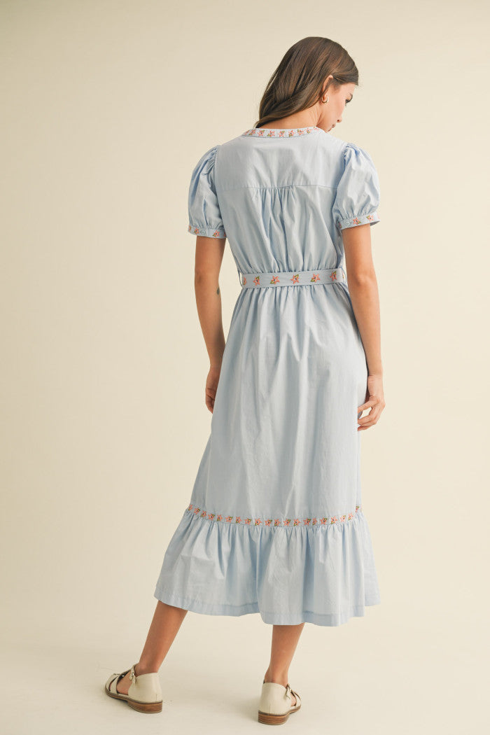 Sky Blue Dress with Embroidered Trim