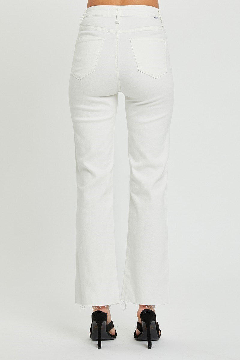 Risen White High Rise Straight Raw Hem Ankle Length with Side Slit Jeans - Tummy Control
