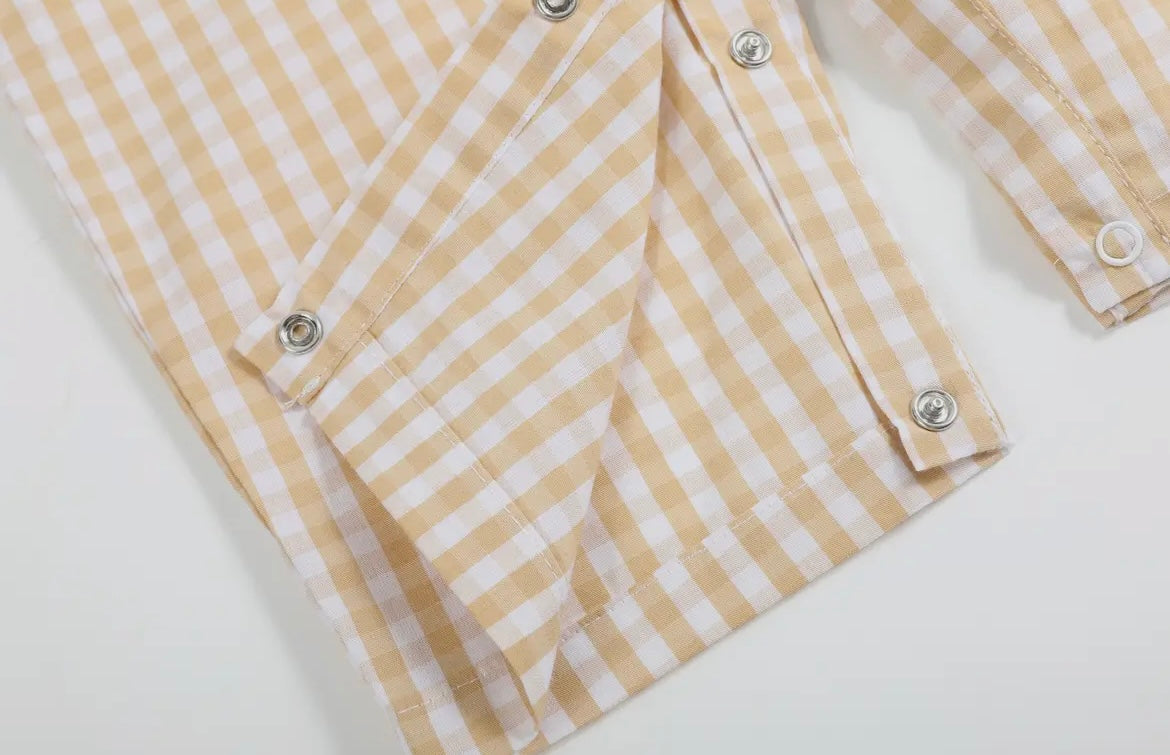 Lil Cactus Light Brown Gingham Checked Pumpkin Smocked Overalls