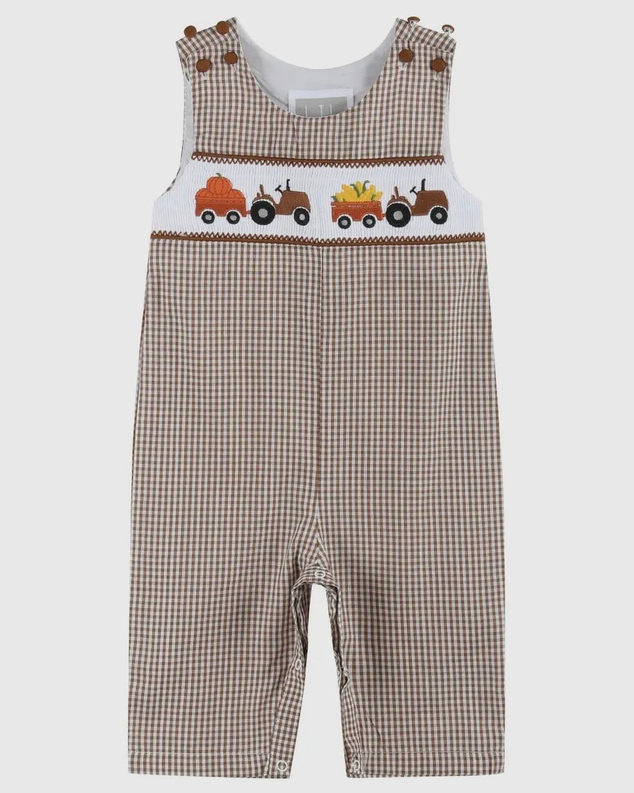 Lil Cactus Brown Gingham Tractor Smocked Overalls