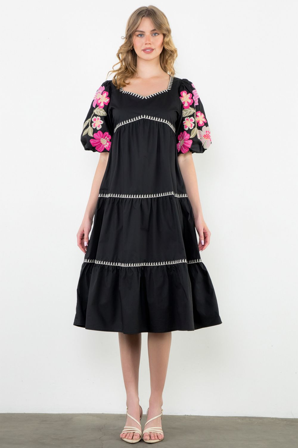Miranda Black Tiered THML Dress with Embroidered Sleeve