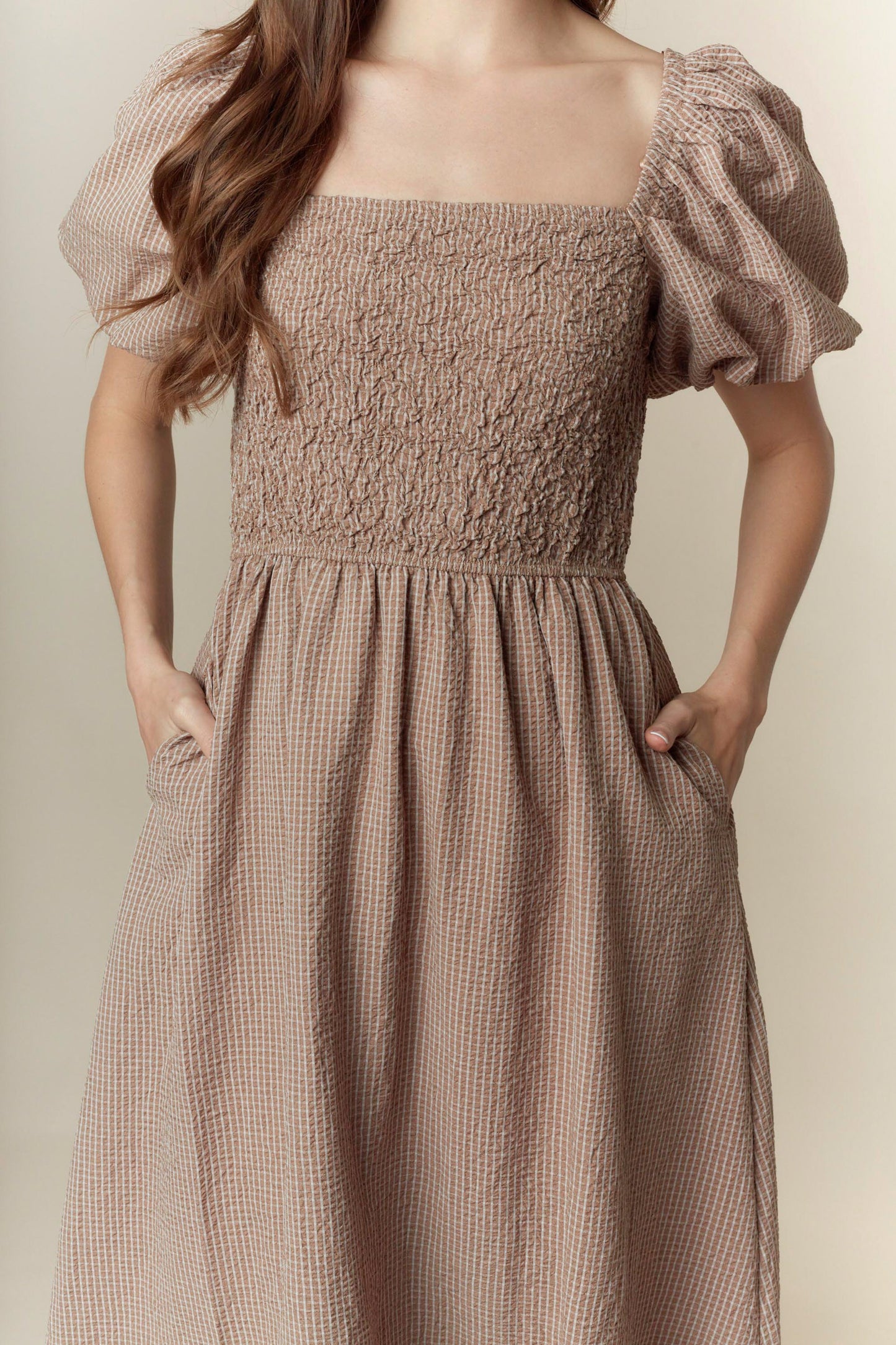 The Morris Taupe Smocked Dress