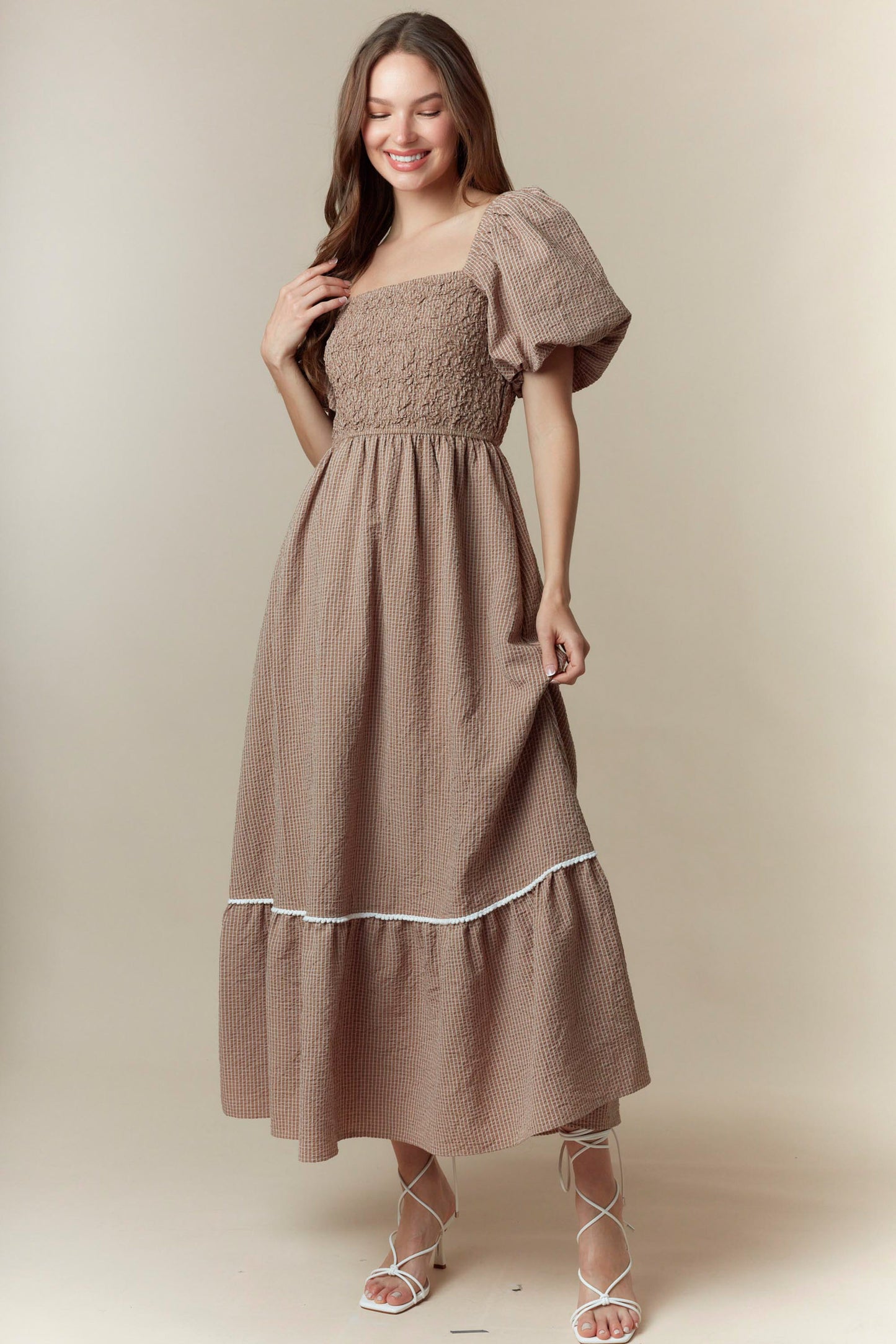 The Morris Taupe Smocked Dress