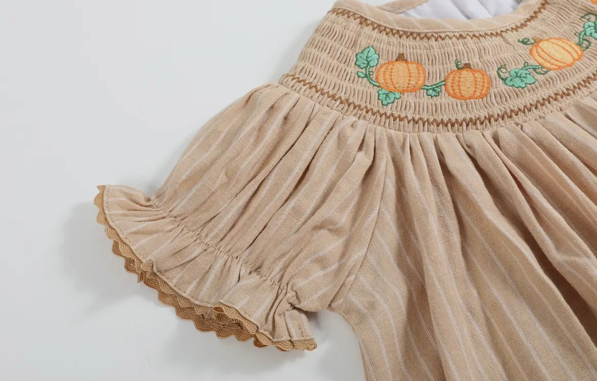 Lil Cactus Light Brown Pinstripe Smocked Pumpkin Bishop Dress