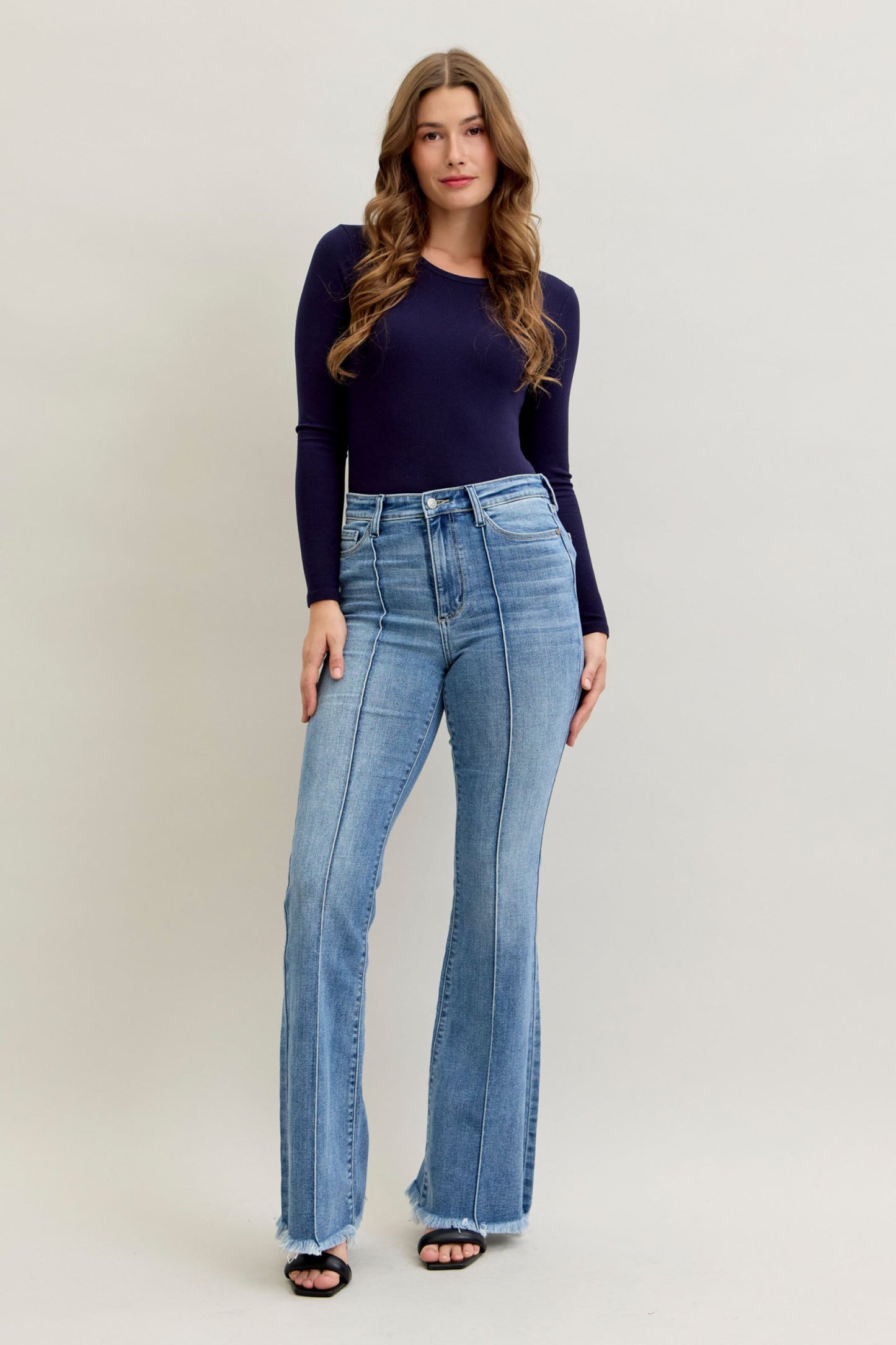 Judy Blue High Waist Flare Front Pintuck Detail & Fray Hem