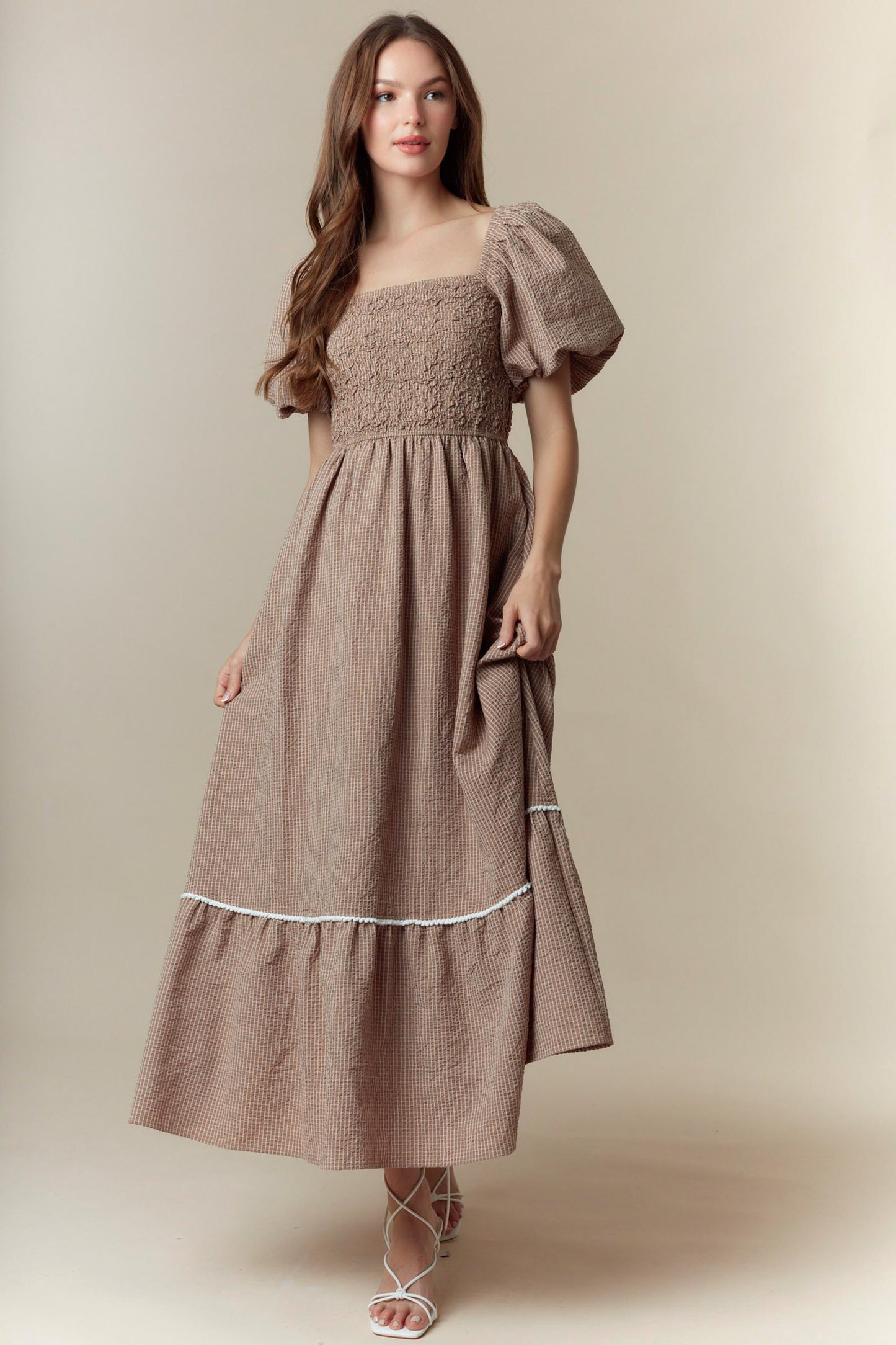 The Morris Taupe Smocked Dress