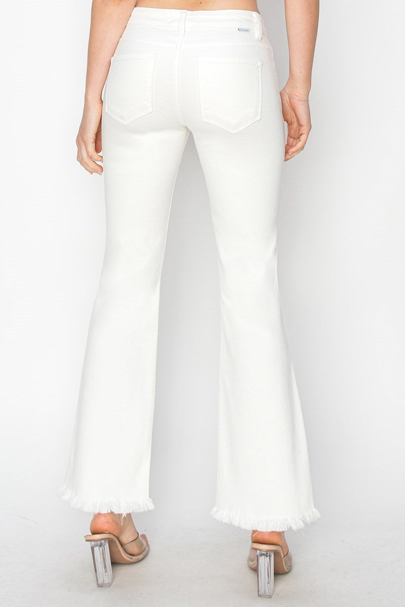 Risen White Low Rise Crop Flare Step Frayed Hem Jeans - Tummy Control