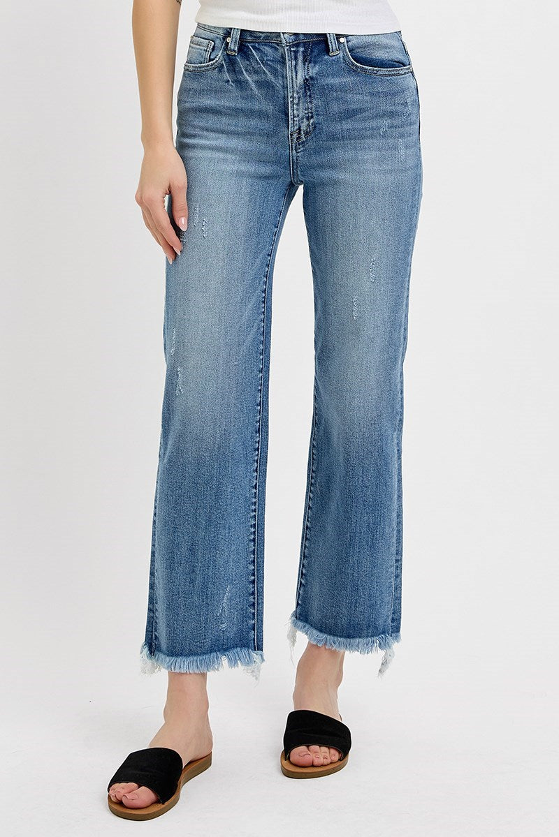 Risen High Rise Crop Straight Frayed Hem Jeans