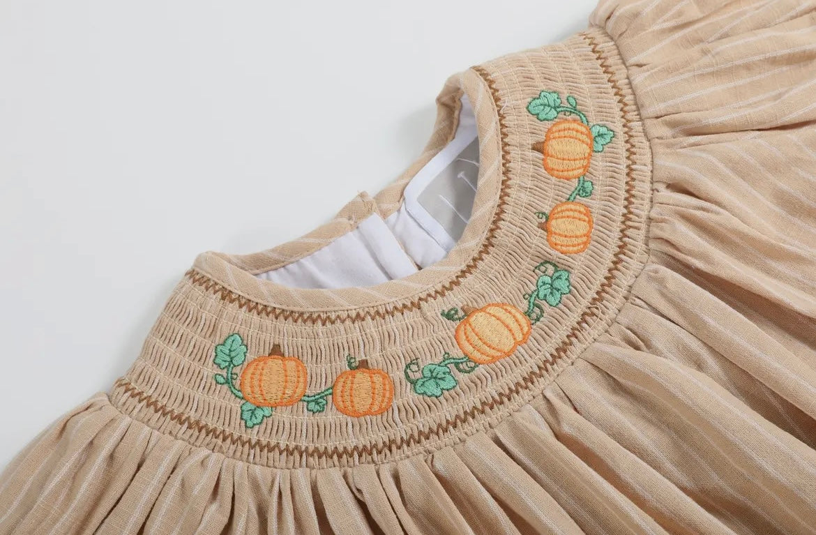 Lil Cactus Light Brown Pinstripe Smocked Pumpkin Bishop Dress