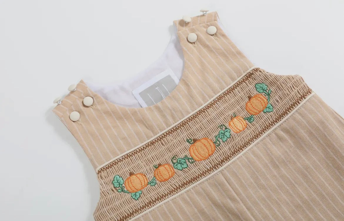 Lil Cactus Light Brown PinStripe Pumpkin Smocked Overalls