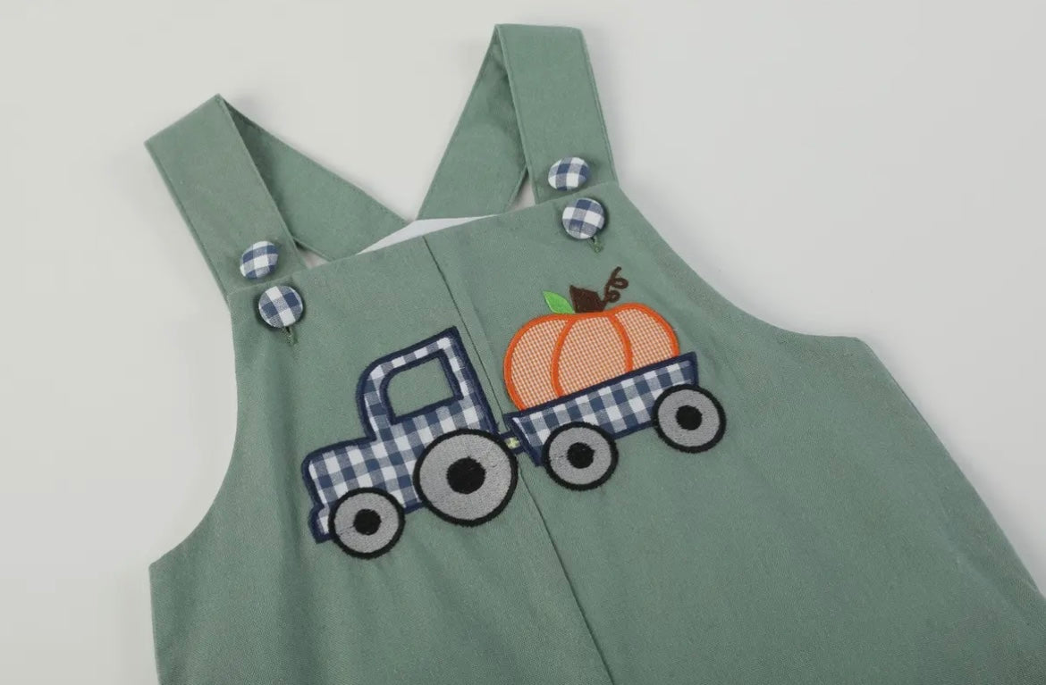 Lil Cactus Green Truck Appliquéd Overalls