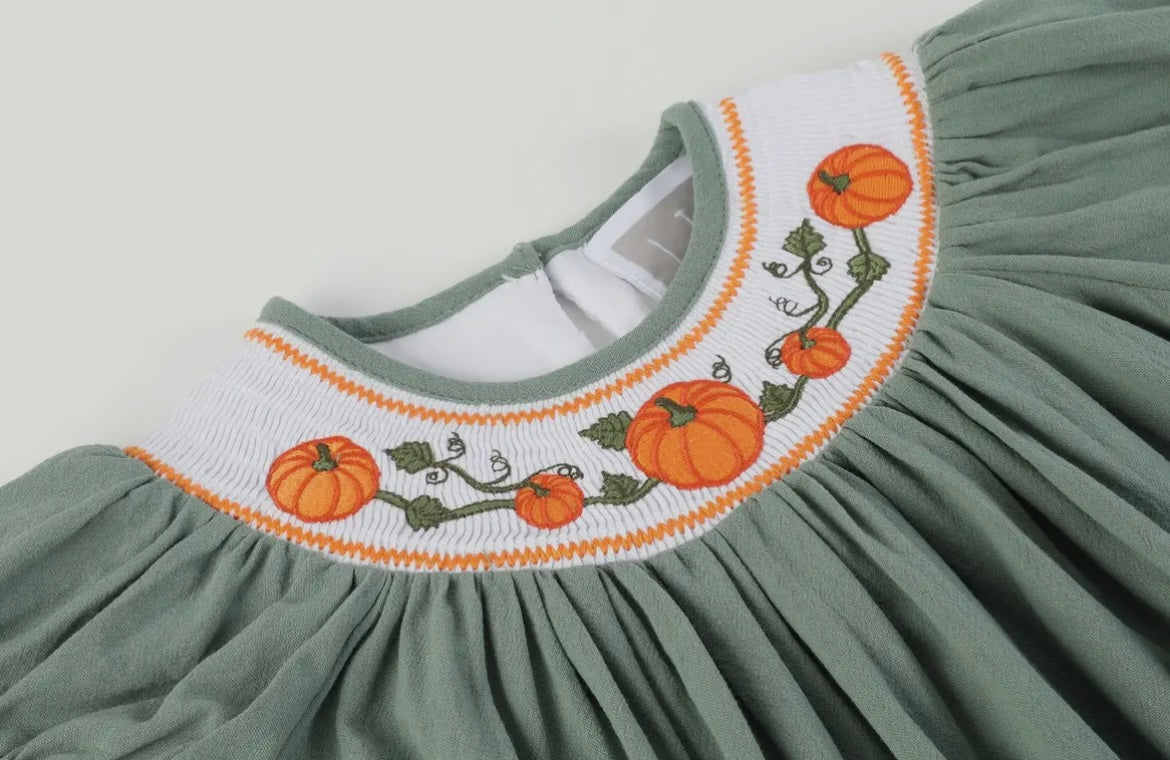 Lil Cactus Sage Green Smocked Pumpkin Bishop Dress