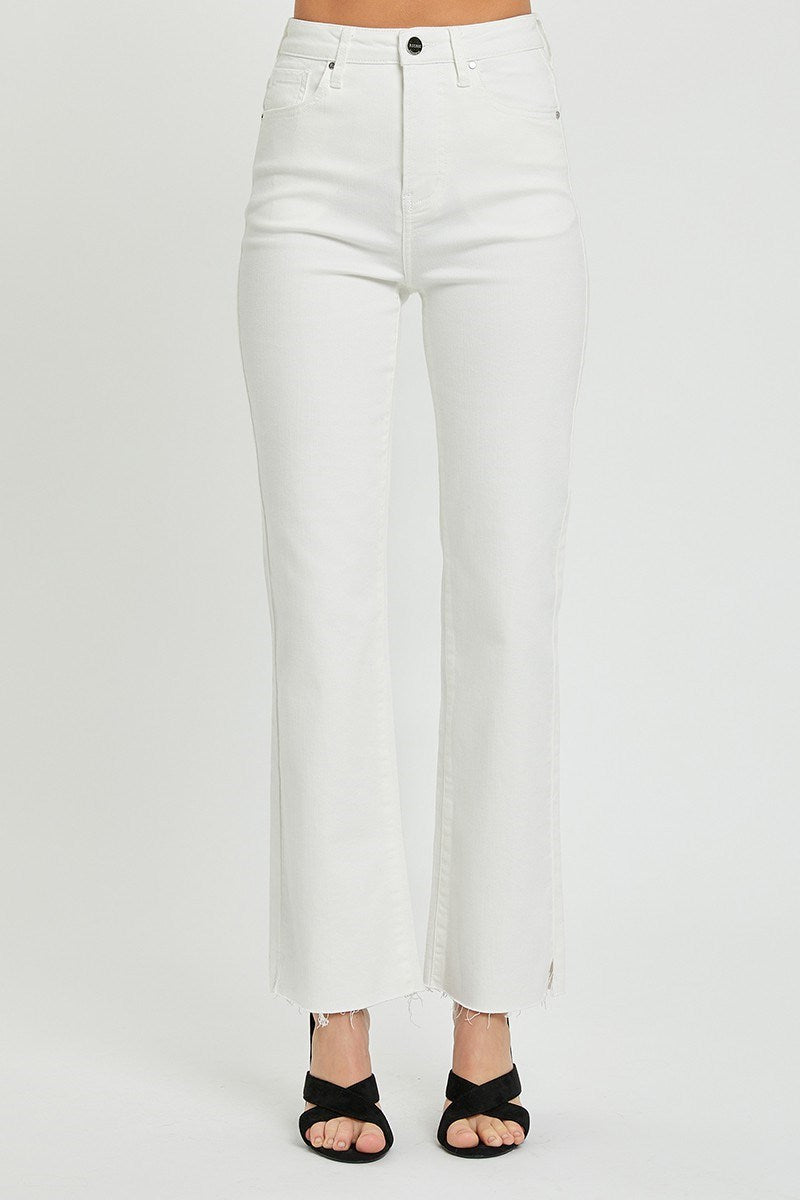 Risen White High Rise Straight Raw Hem Ankle Length with Side Slit Jeans - Tummy Control