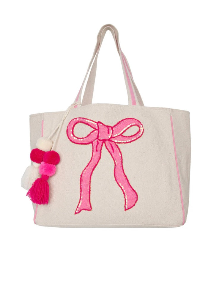 Pink Sequin Coquette Bow Canvas Tote Bag