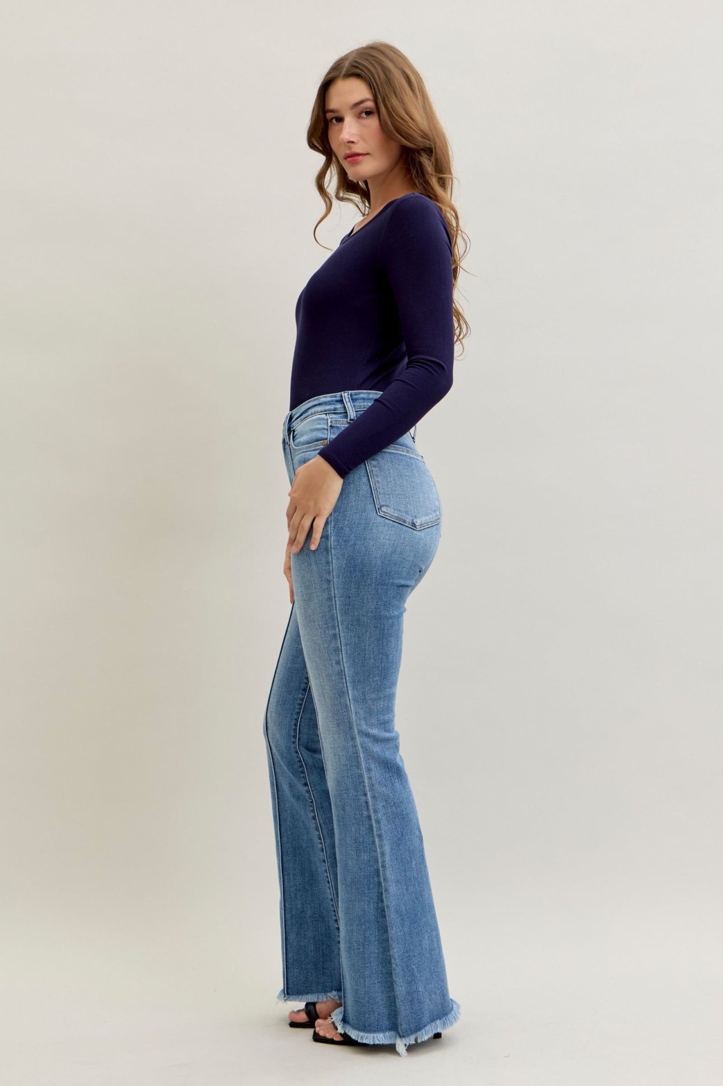 Judy Blue High Waist Flare Front Pintuck Detail & Fray Hem