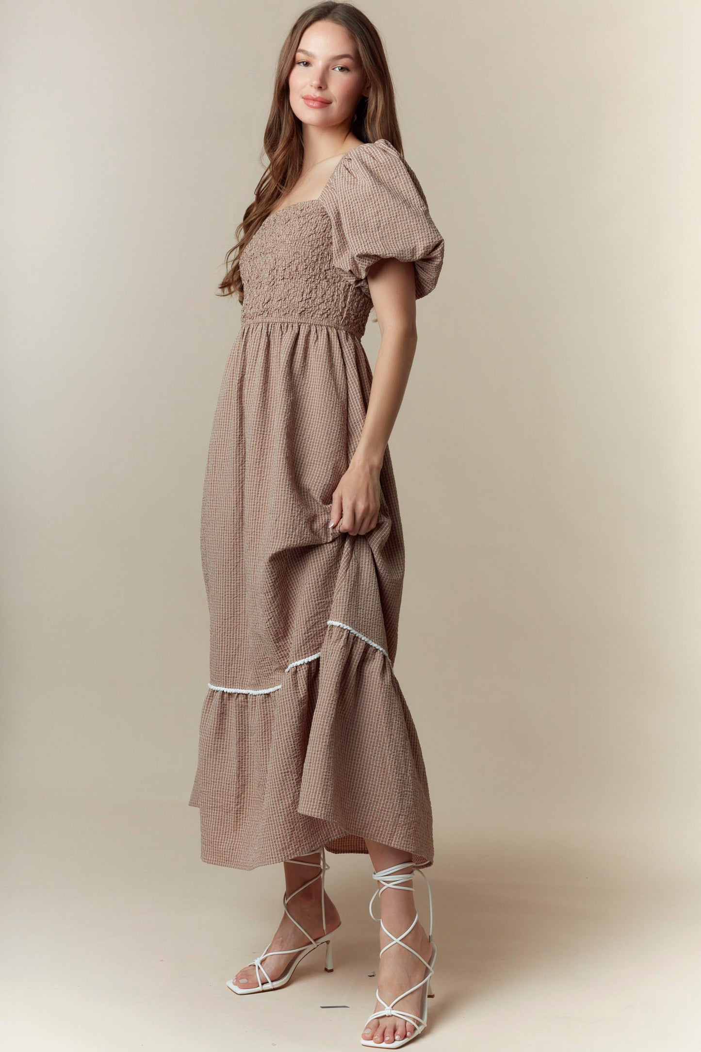 The Morris Taupe Smocked Dress