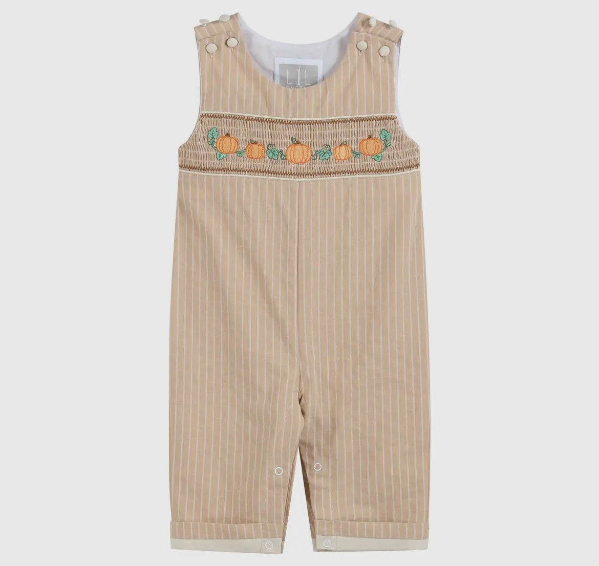 Lil Cactus Light Brown PinStripe Pumpkin Smocked Overalls