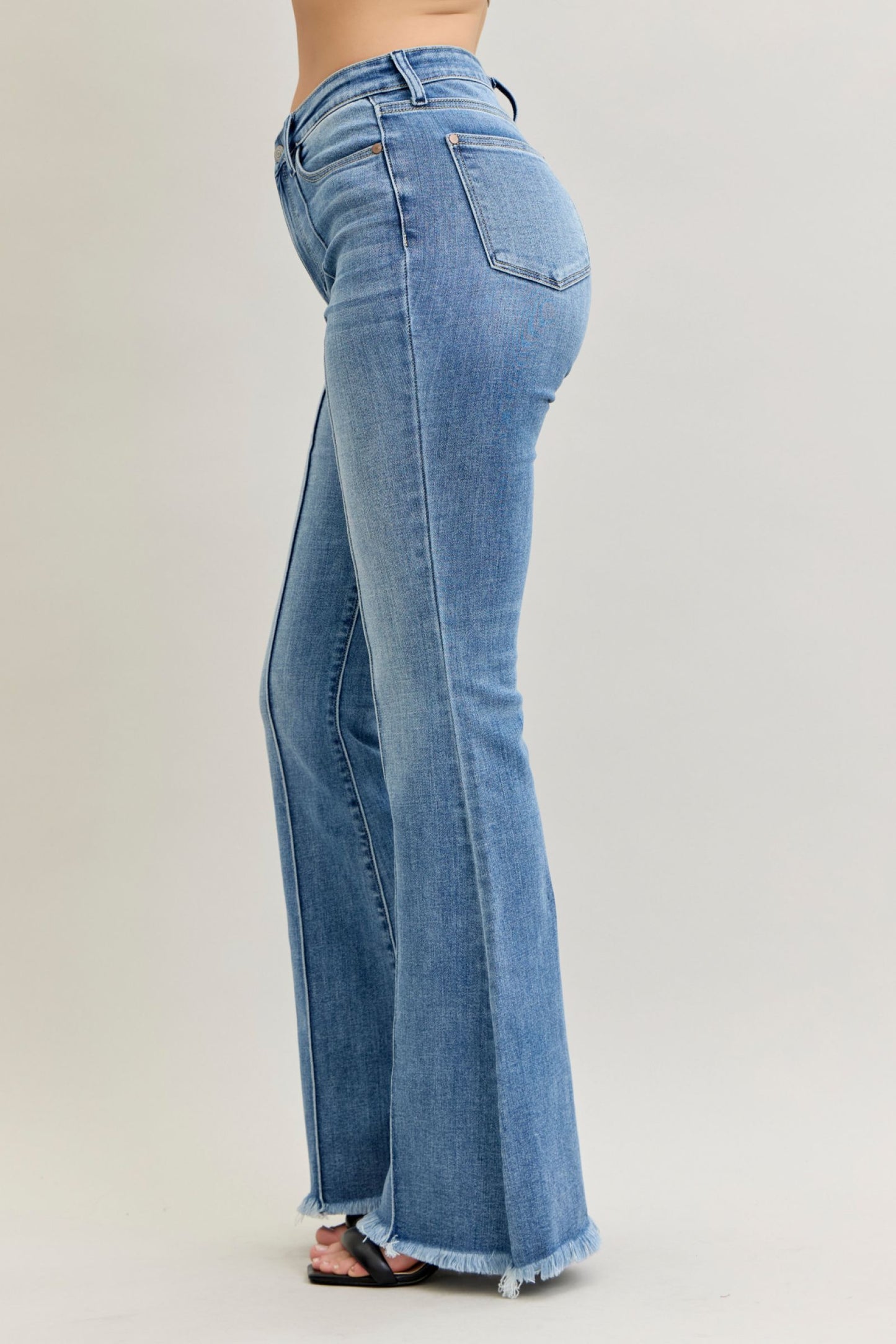 Judy Blue High Waist Flare Front Pintuck Detail & Fray Hem