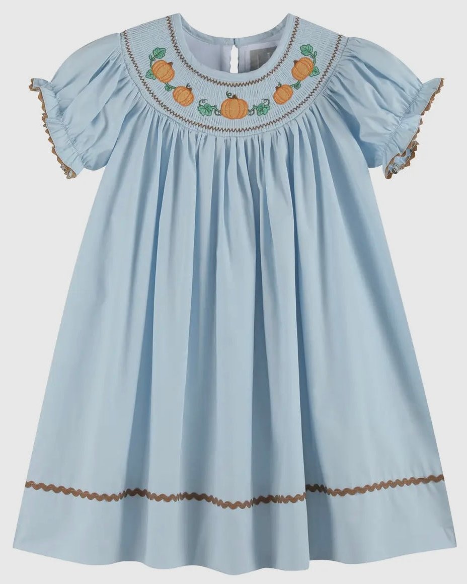 Lil Cactus Light Blue Smocked Pumpkin Bishop Dress