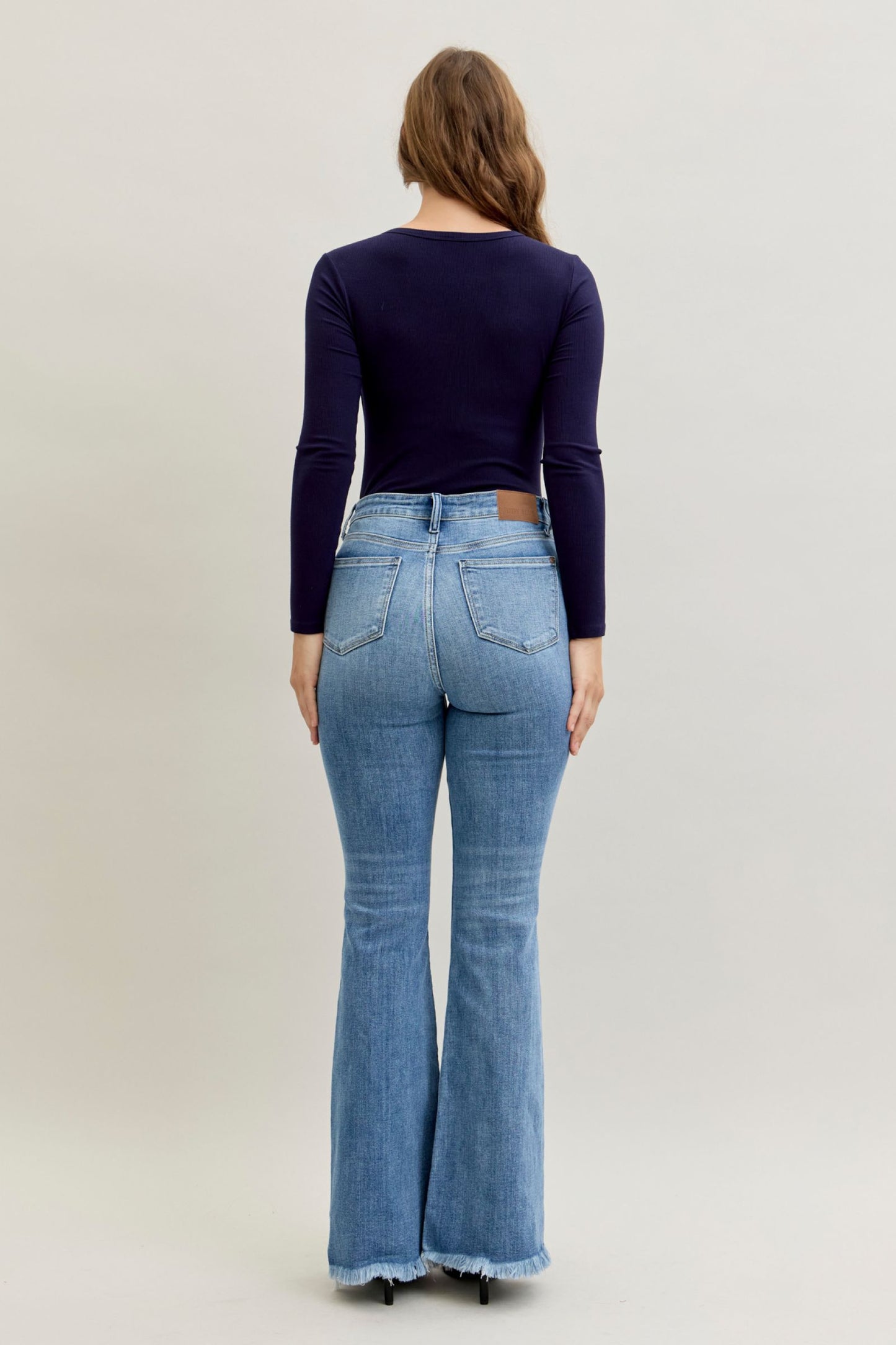 Judy Blue High Waist Flare Front Pintuck Detail & Fray Hem