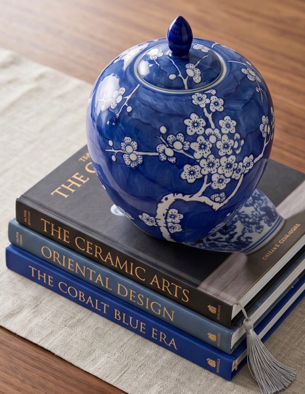 Hand Painted Porcelain Blue and White Cherry Blossom Jar