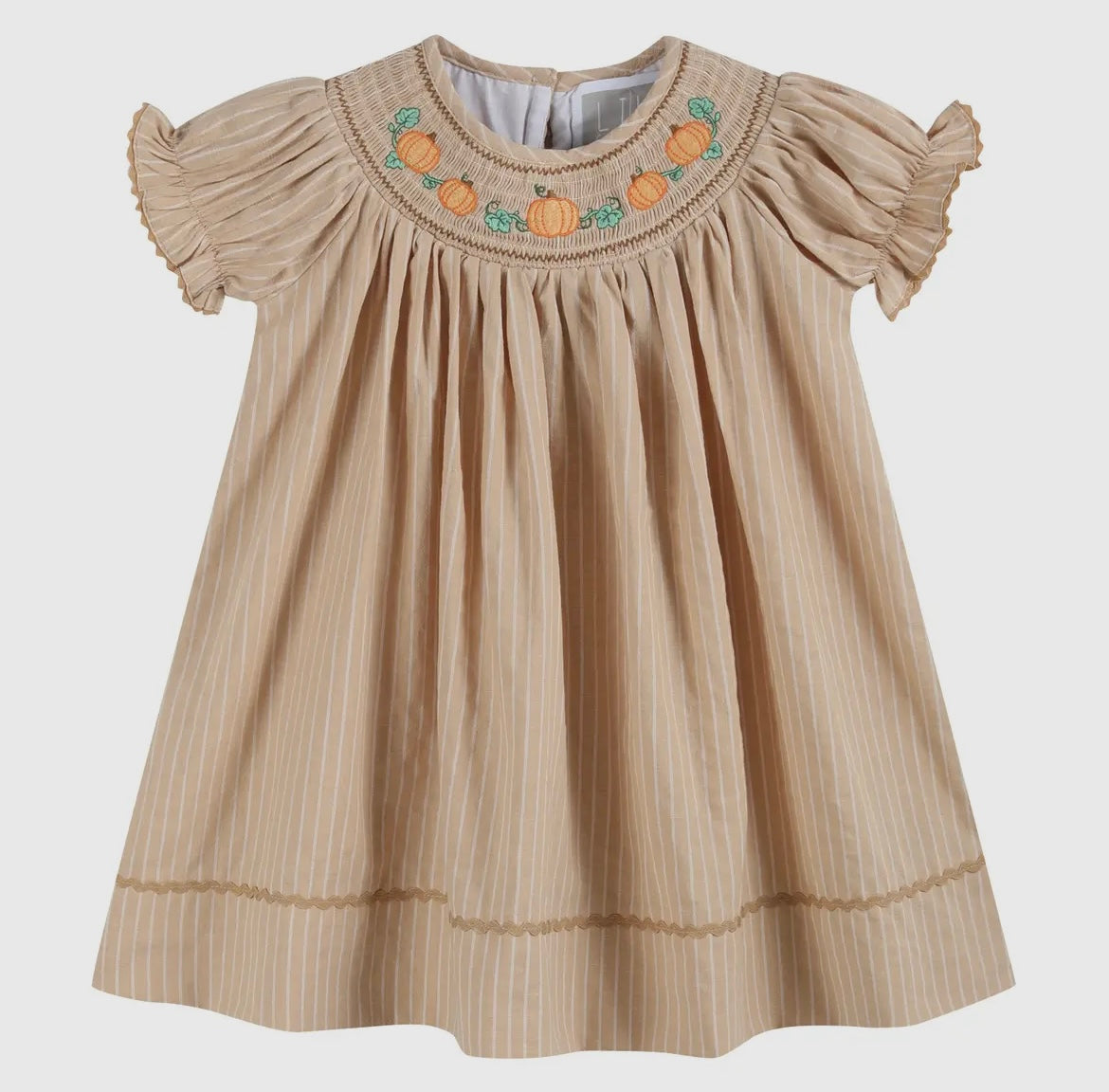 Lil Cactus Light Brown Pinstripe Smocked Pumpkin Bishop Dress