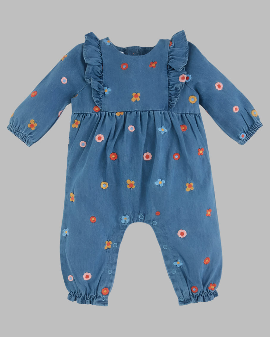 Mud Pie Denim Floral Embroidered One Piece Outfit