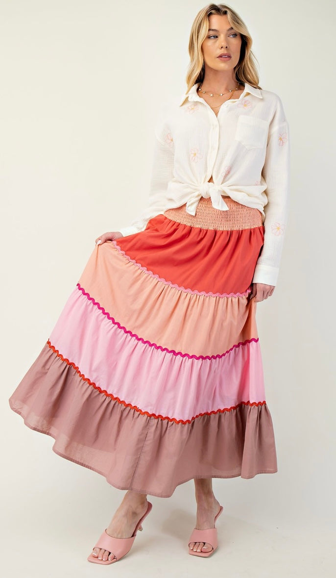 Paloma Color Blocked Tiered Maxi Skirt