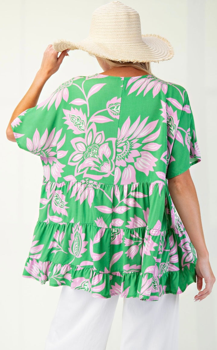 Natasha Green Floral Babydoll Top Plus Size