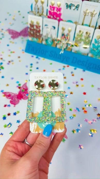 Rainbow Star Confetti Rectangle Earrings