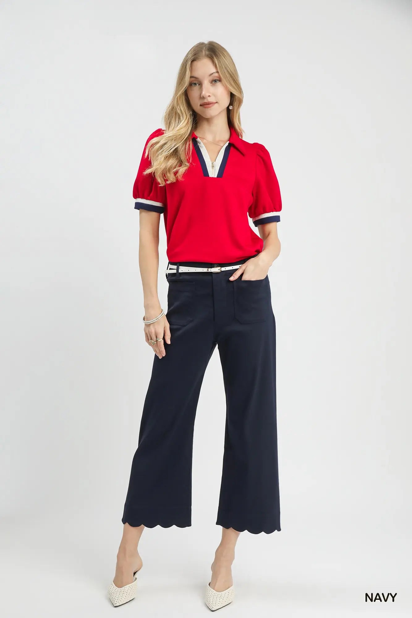 Umgee Scallop Hem Wide Leg Navy Pants
