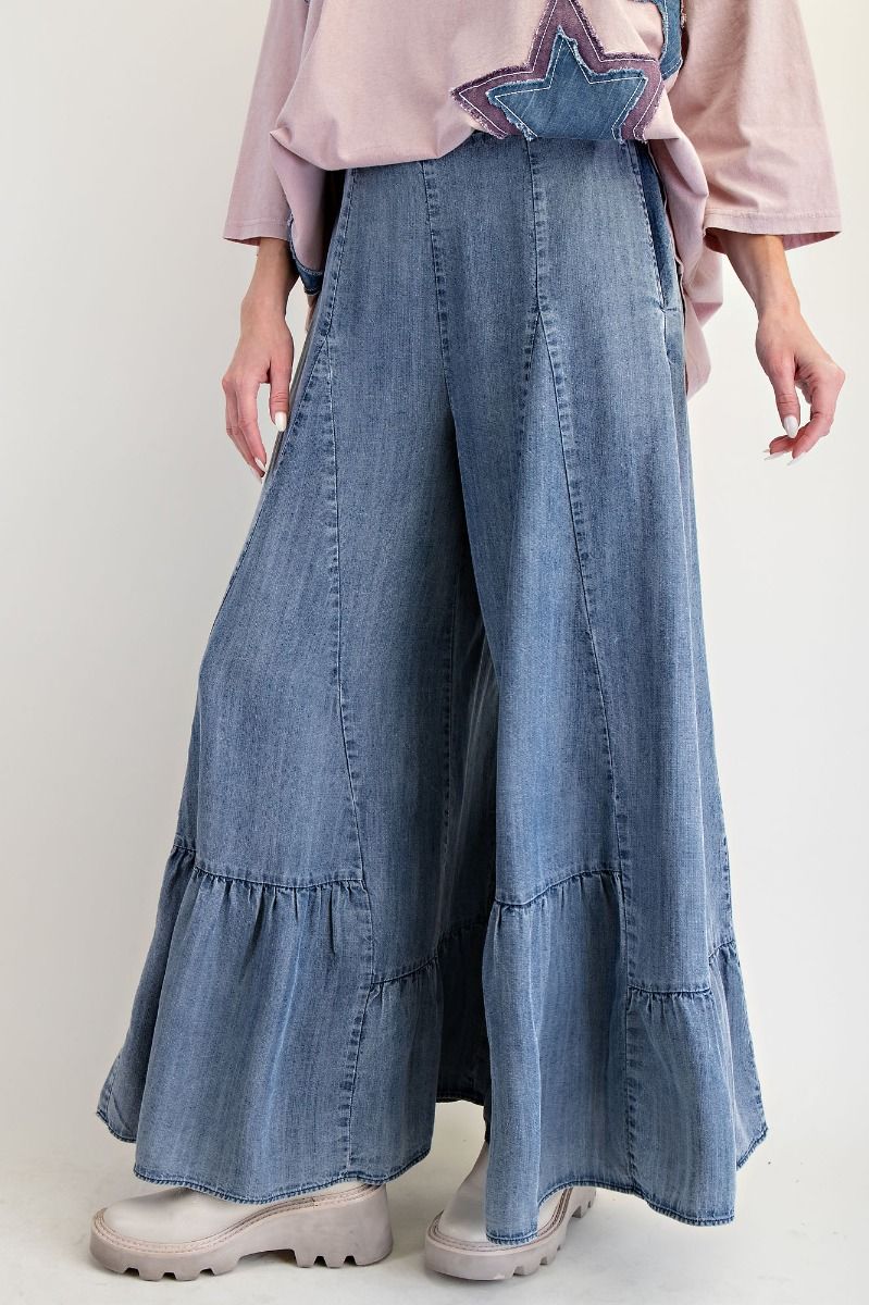 Easel Denim Ruffle Bottom Plus Size Palazzo Pants