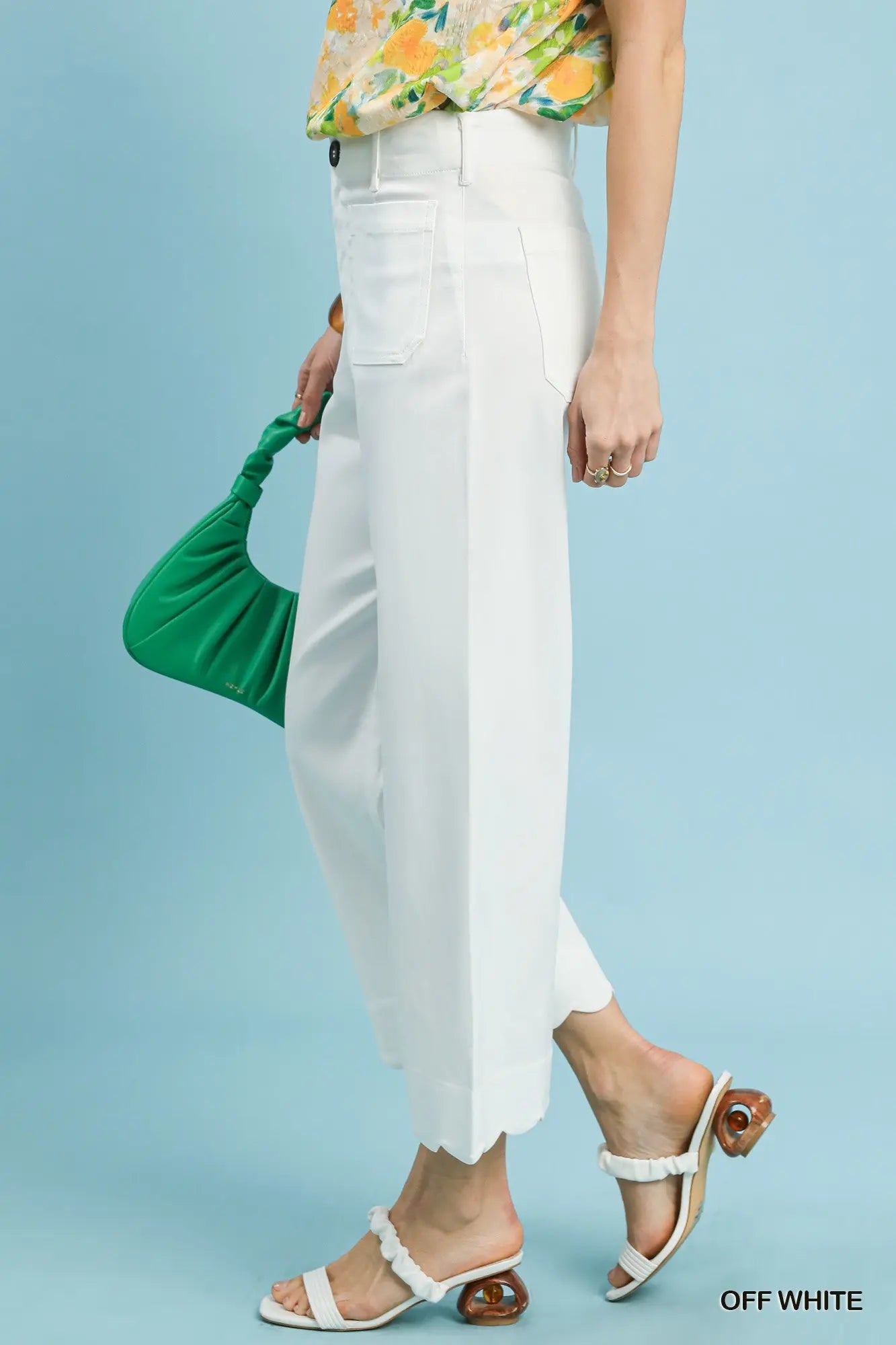 Umgee Scallop Hem Wide Leg Off White Pants