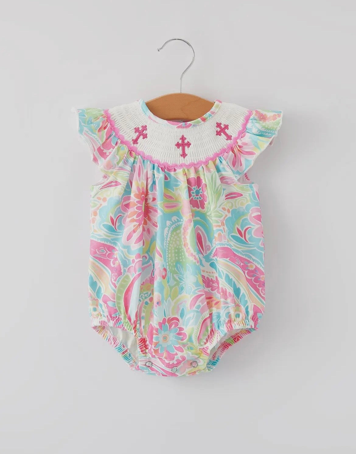 Rylee Faith Bright Embroidered Cross Romper