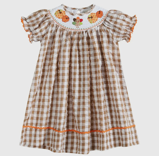 Brown Gingham Check Smocked Dress